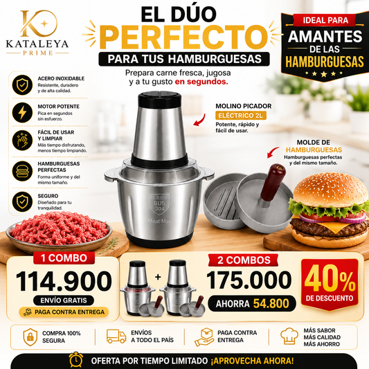 Prepara hamburguesas perfectas en casa - Molino Picador Eléctrico + molde hamburguesa